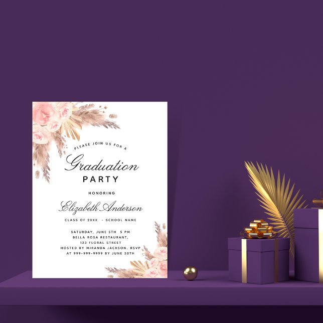 Invitation Carte Postale Pampas herbe rose or blush Graduation Party (Créateur téléchargé)