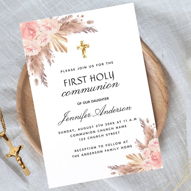Invitation Carte Postale Pampas herbe rose or blush première communion sain (Créateur téléchargé)