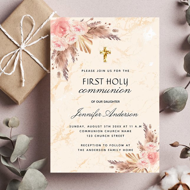Invitation Carte Postale Pampas herbe rose rougir première communion sainte (Créateur téléchargé)