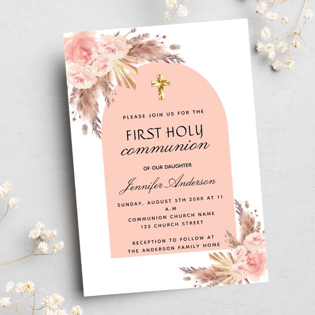 Invitation Carte Postale Pampas herbe rose rougir première communion sainte (Créateur téléchargé)