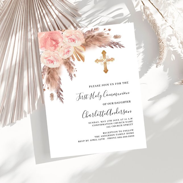 Invitation Carte Postale Pampas herbe rose rousse croix première communion  (Créateur téléchargé)