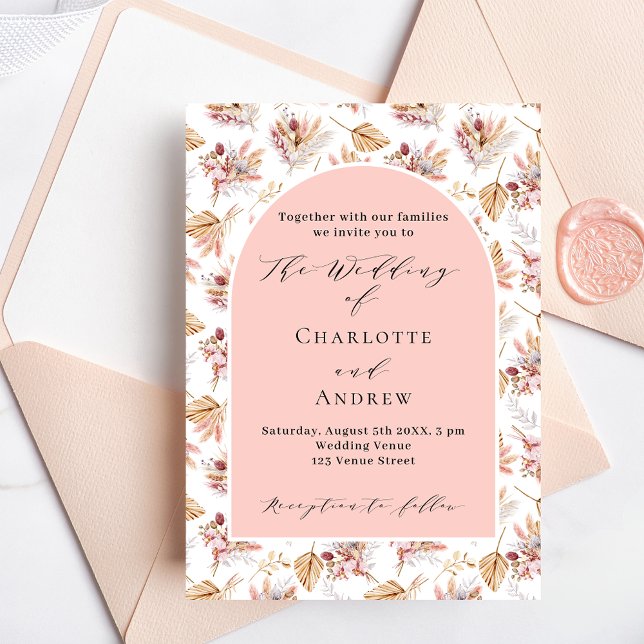 Invitation Carte Postale Pampas herbes fleurs rose or boho script mariage (Créateur téléchargé)