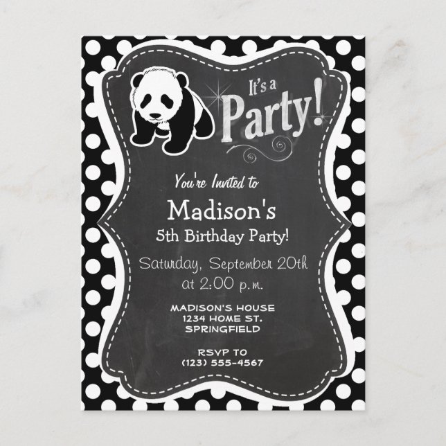 Invitation Carte Postale Panda sur les Pois noirs et blancs (Devant)