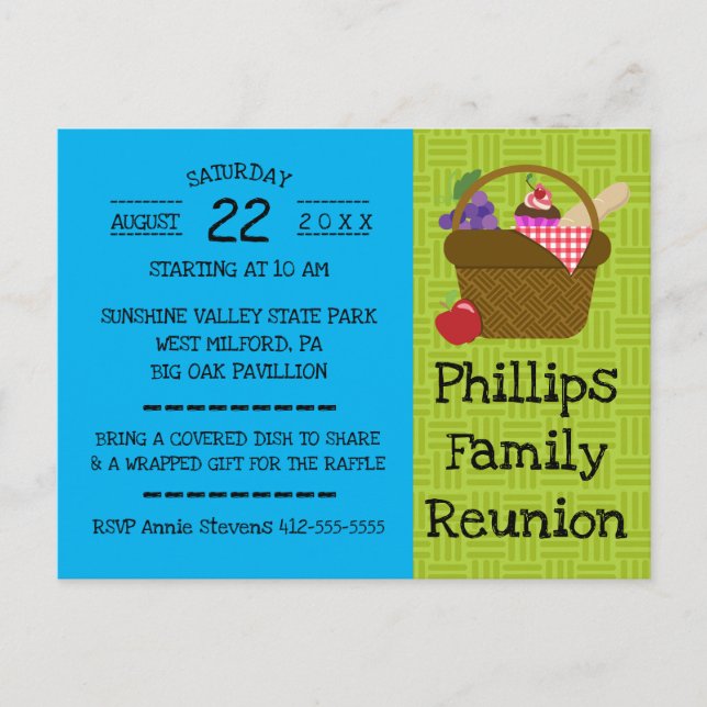 Invitation Carte Postale Panier de pique-nique bleu et vert Réunion familia (Devant)