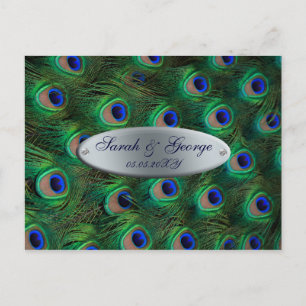 Invitation Carte Postale paon argenté élégant de turquoise épousant RSVP