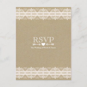 Invitation Carte Postale Papier Brown & dentelle Naturelle Rustique Mariage