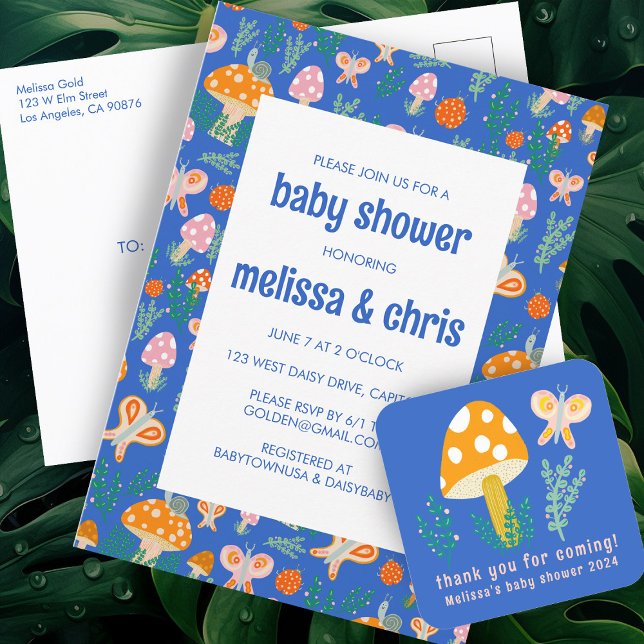 Invitation Carte Postale Papillon de champignons d'escargot mou BABY SHOWER (Snail Mushroom Butterfly Cute CUSTOM BABY SHOWER Invitation Postcard
)