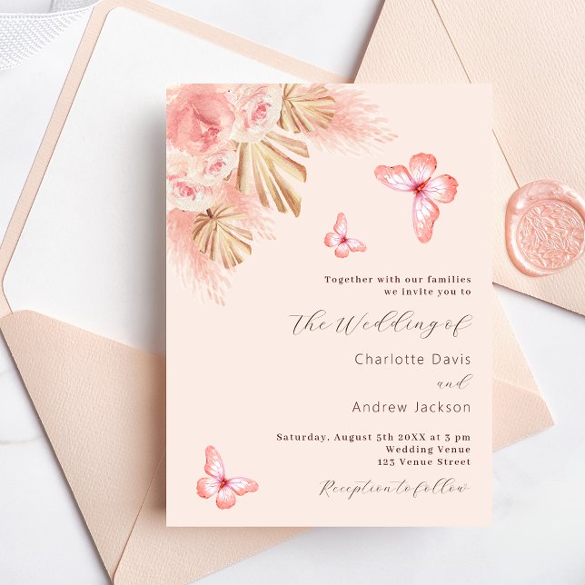 Invitation Carte Postale Papillon pampas herbe rose rose rose or mariage (Créateur téléchargé)