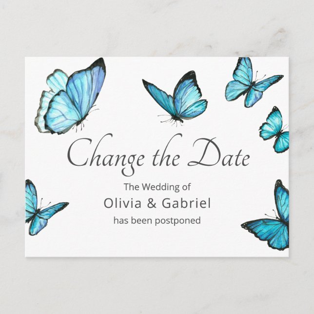 Invitation Carte Postale Papillons bleus Reporter le mariage Modifier la da (Devant)