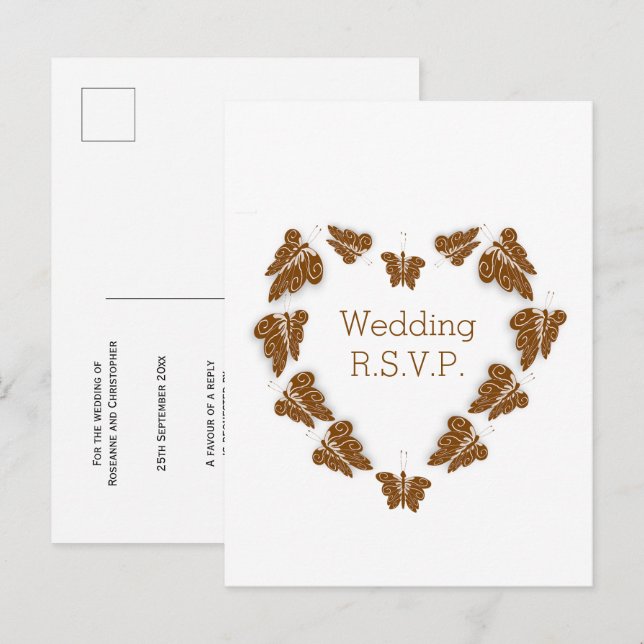 Invitation Carte Postale Papillons couleur chocolat Conception Mariage RSVP (Devant / Derrière)