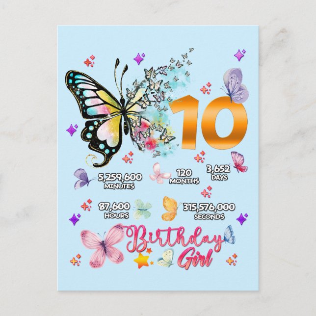 Invitation Carte Postale Papillons Double Chiffres 10 ans Papillons  (Devant)