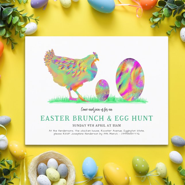 Invitation Carte Postale Pâques Brunch et chasse aux oeufs budget de l'aqua (Easter brunch and egg hunt invitation colorful cute chicken and eggs art)