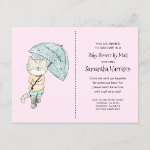 Invitation Carte Postale Parapluie Chat Aquarelle Baby shower rose par cour