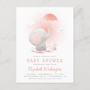 Invitation Carte Postale Parapluie Pêcher Elephant & Bunny Girl Baby shower