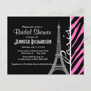 Invitation Carte Postale Paris ; Copie rose et noire de zèbre