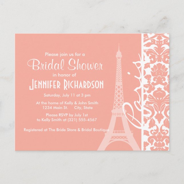 Invitation Carte Postale Paris ; Deep Peach Damask (Devant)