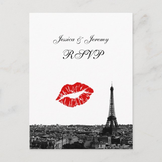 Invitation Carte Postale Paris France Skyline Kiss #1 BW RSVP 1 (Devant)