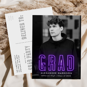 Invitation Carte Postale Parti de graduation photo moderne violet néon