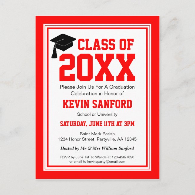 Invitation Carte Postale Parti de la graduation rouge et blanche (Devant)