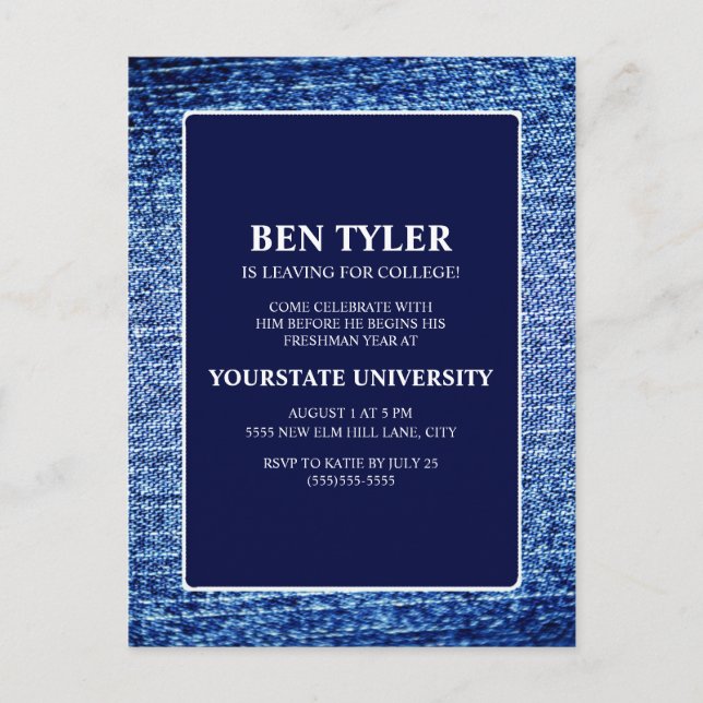 Invitation Carte Postale Parti du tronc bleu de la Marine Denim College (Devant)