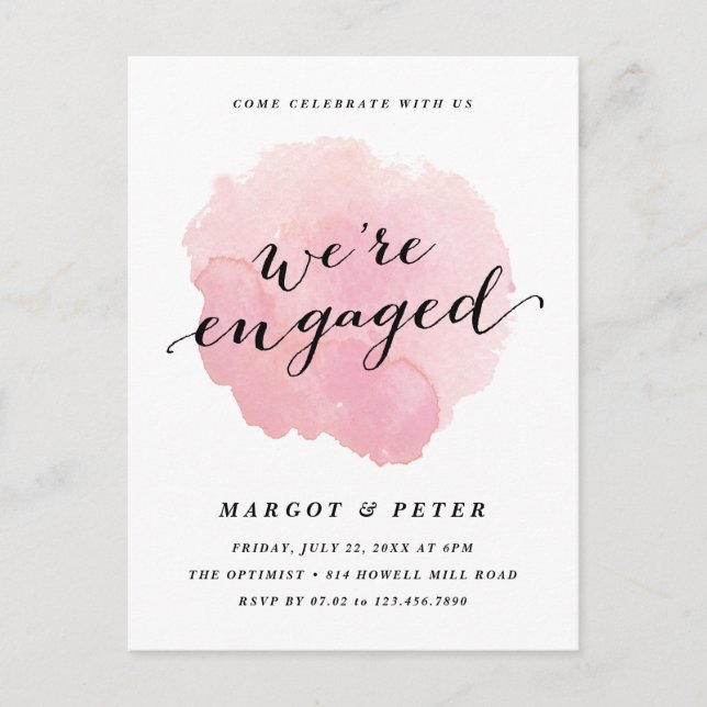 Invitation Carte Postale Partie d'engagement pour l'aquarelle de script mod (Devant)