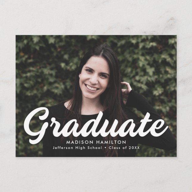 Invitation Carte Postale Partie Gras Script Photo Graduation (Devant)