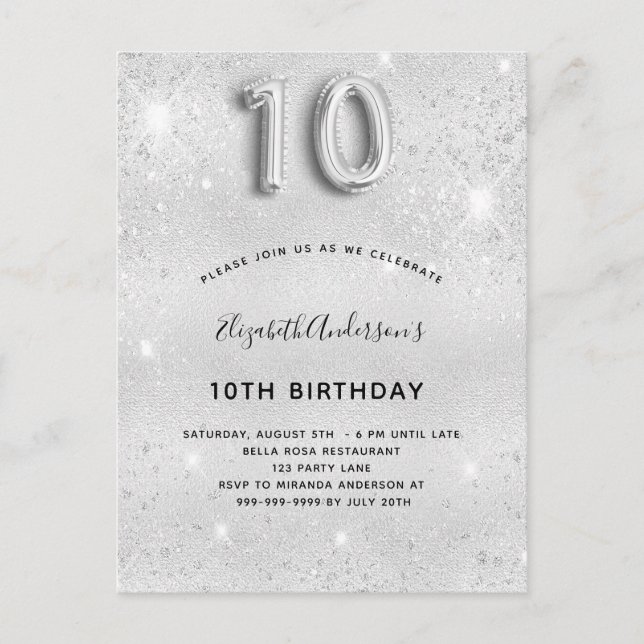 Invitation Carte Postale parties scintillant argent 10e anniversaire (Devant)