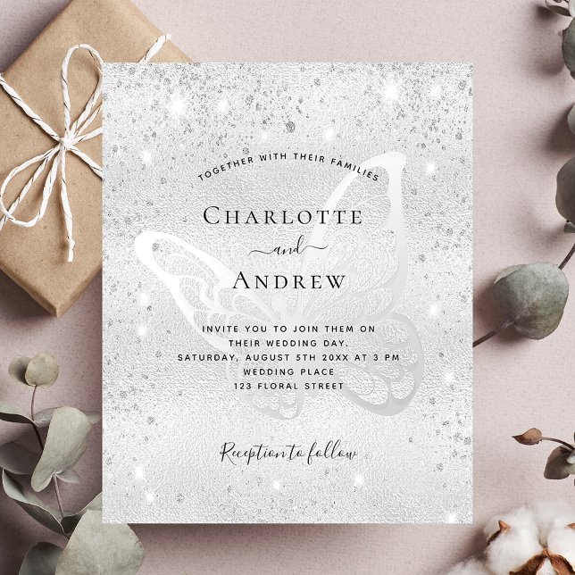 Invitation Carte Postale Parties scintillant argent papillon mariage élégan (Créateur téléchargé)