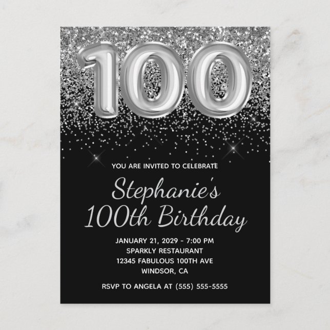Invitation Carte Postale Parties scintillant argentée Sparkly Noir 100e ann (Devant)