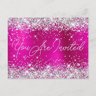 Invitation Carte Postale Parties scintillant d'argent et crème rose chaude