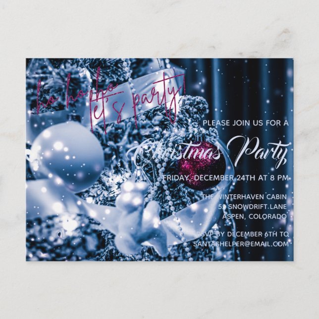 Invitation Carte Postale Parties scintillant d'argent et magenta Bauble Noë (Devant)