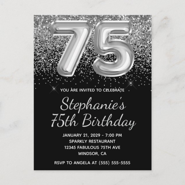 Invitation Carte Postale Parties scintillant d'argent mousseux Black Balloo (Devant)