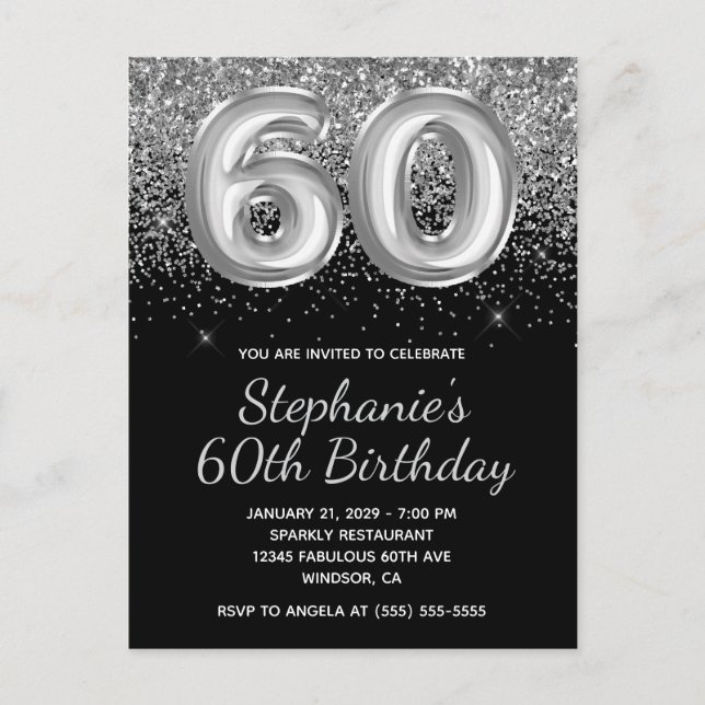Invitation Carte Postale Parties scintillant d'argent mousseux Black Balloo (Devant)