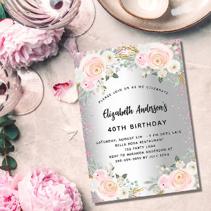 Invitation Carte Postale Parties scintillant des fleurs roses argentées