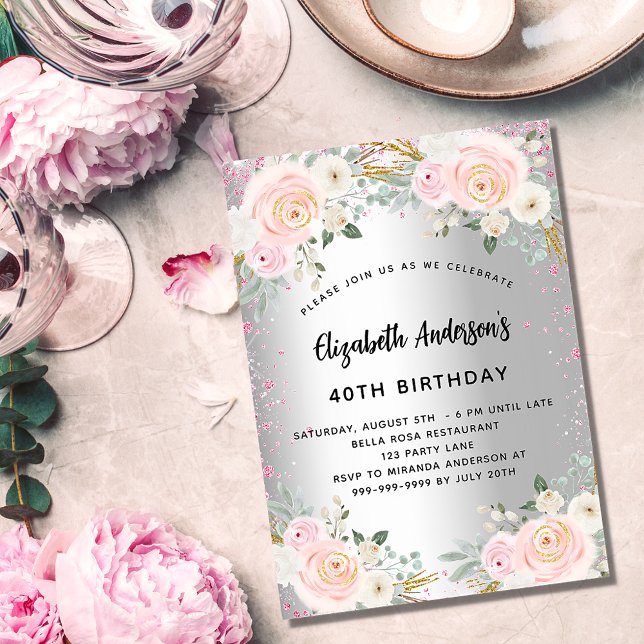 Invitation Carte Postale Parties scintillant des fleurs roses argentées (Créateur téléchargé)