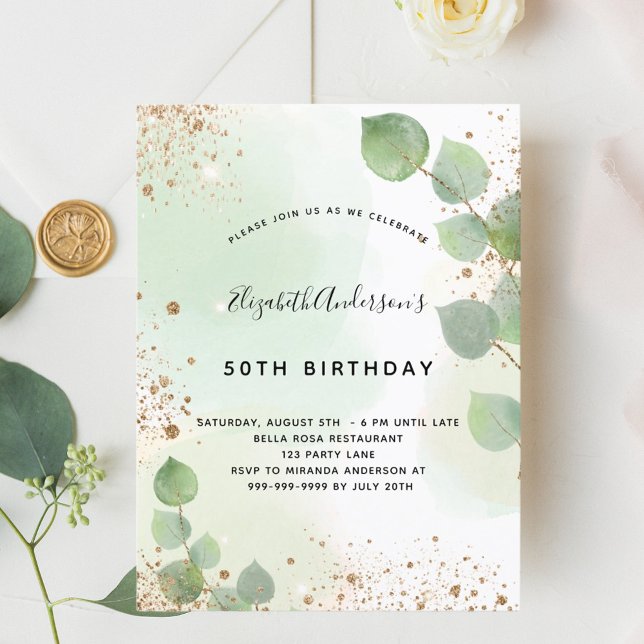Invitation Carte Postale Parties scintillant d'eucalyptus d'anniversaire ve (Créateur téléchargé)