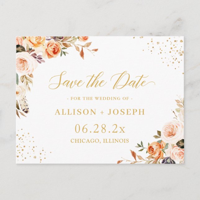 Invitation Carte Postale Parties scintillant d'or Automne Mariage floral En (Devant)