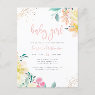 Invitation Carte Postale Parties scintillant d'or Blush rose Floral Baby sh