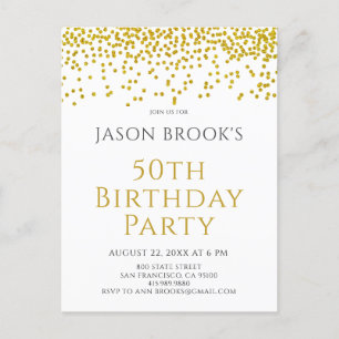 Invitation Carte Postale Parties scintillant d'or Confetti Blanc 50e annive