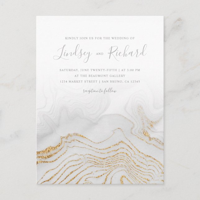 Invitation Carte Postale Parties scintillant d'or Marbre & moderne Script W (Devant)