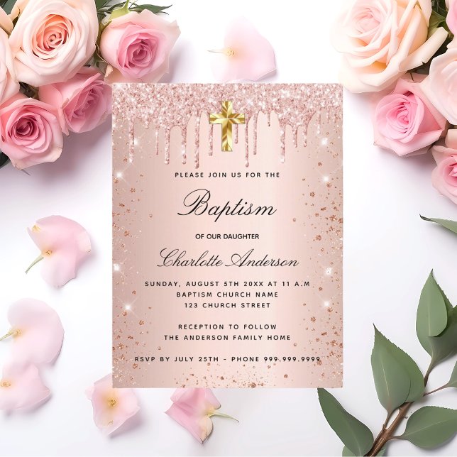 Invitation Carte Postale parties scintillant d'or rose gouttes fille baptêm (Créateur téléchargé)