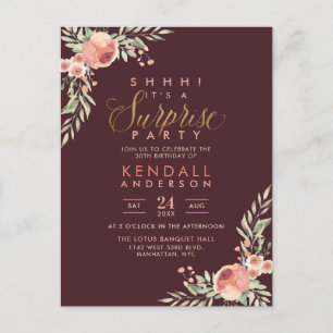 Invitation Carte Postale Parties scintillant d'or Script Roses surprise fêt