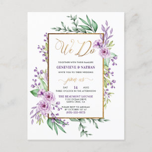 Invitation Carte Postale Parties scintillant d'or "We Do" Pastel Purple Flo