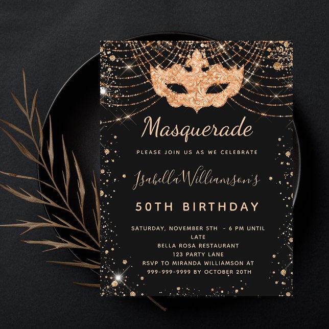 Invitation Carte Postale Parties scintillant en or noir mascarade fête d'an (Créateur téléchargé)