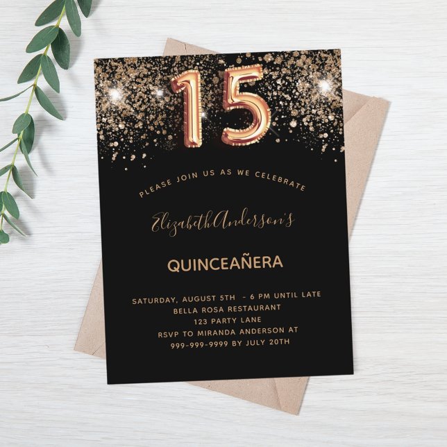 Invitation Carte Postale Parties scintillant en or noir Quinceanera (Créateur téléchargé)