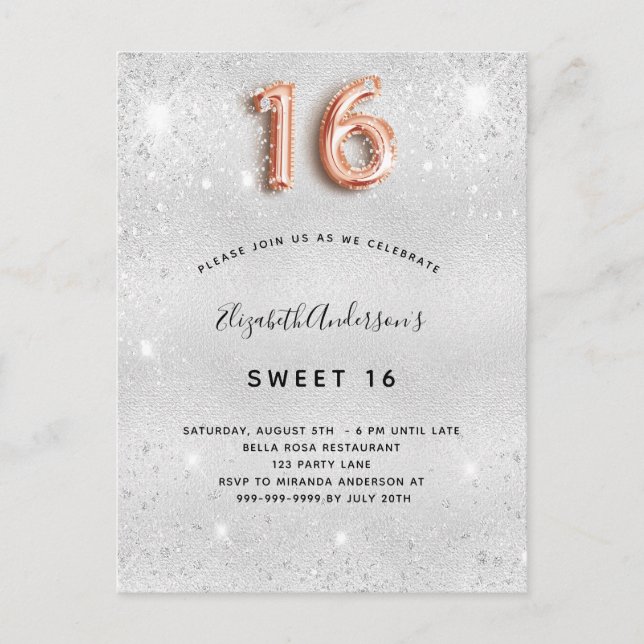 Invitation Carte Postale Parties scintillant en or rose doux 16 argent (Devant)