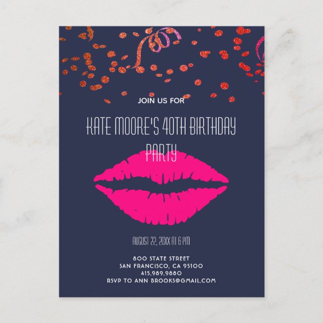 Invitation Carte Postale Parties scintillant Et Glam Confetti & Lèvres Sur  (Devant)