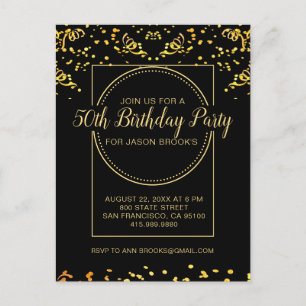 Invitation Carte Postale Parties scintillant Jaune D'Or Confetti À L'Annive