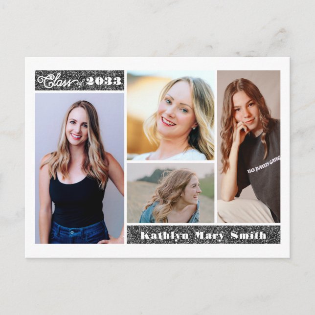 Invitation Carte Postale Parties scintillant moderne Argent Script Chic Pho (Devant)