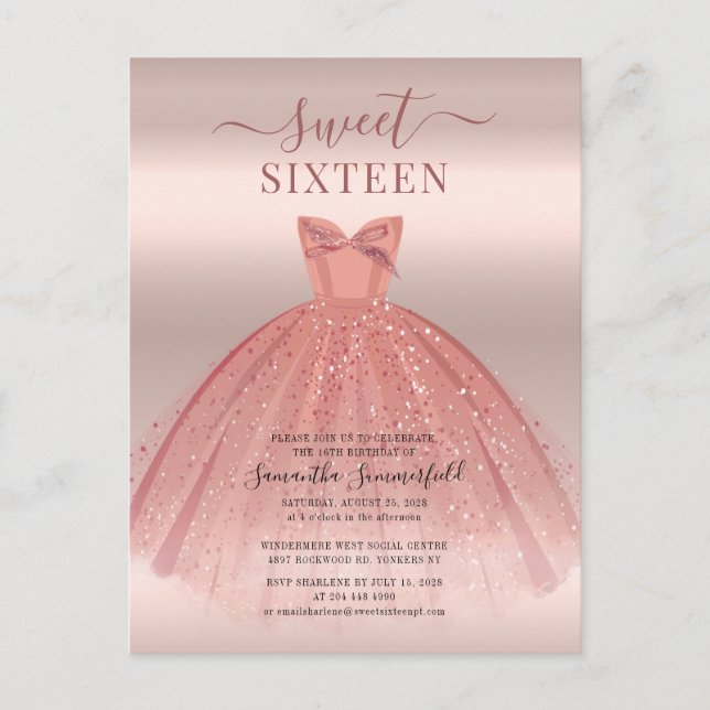 Invitation Carte Postale Parties scintillant moderne Rose Gold Sweet 16 Ann (Devant)